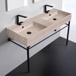 Scarabeo 5143-E-CON-BLK Beige Travertine Design Ceramic Console Double Sink With Matte Black Stand